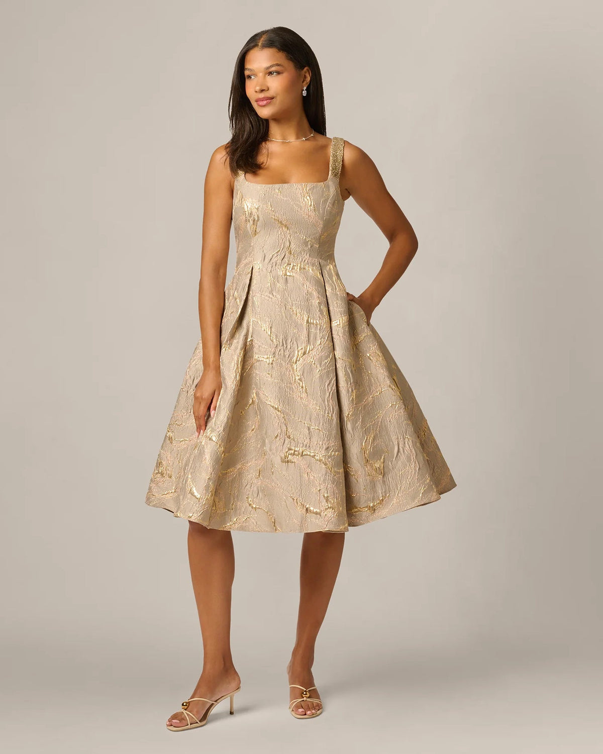 Mink square-neck fit-and-flare midi dress, front view with flared skirt