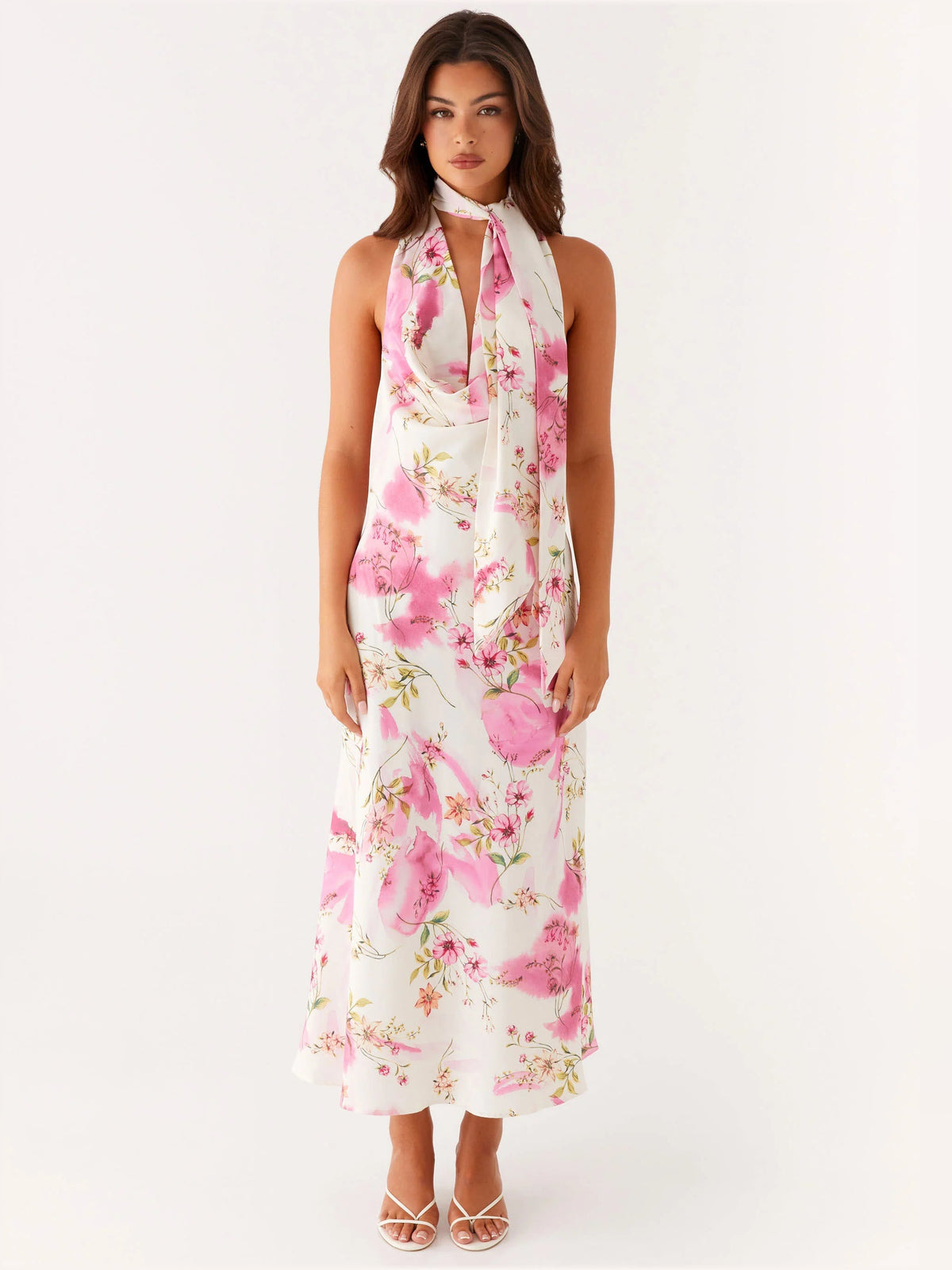 Ivory floral midi formal dress with halter neckline scarf and sleeveless fitted bodice