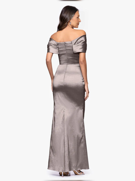 Taupe satin off-shoulder draped mermaid floor-length gown, side/back view