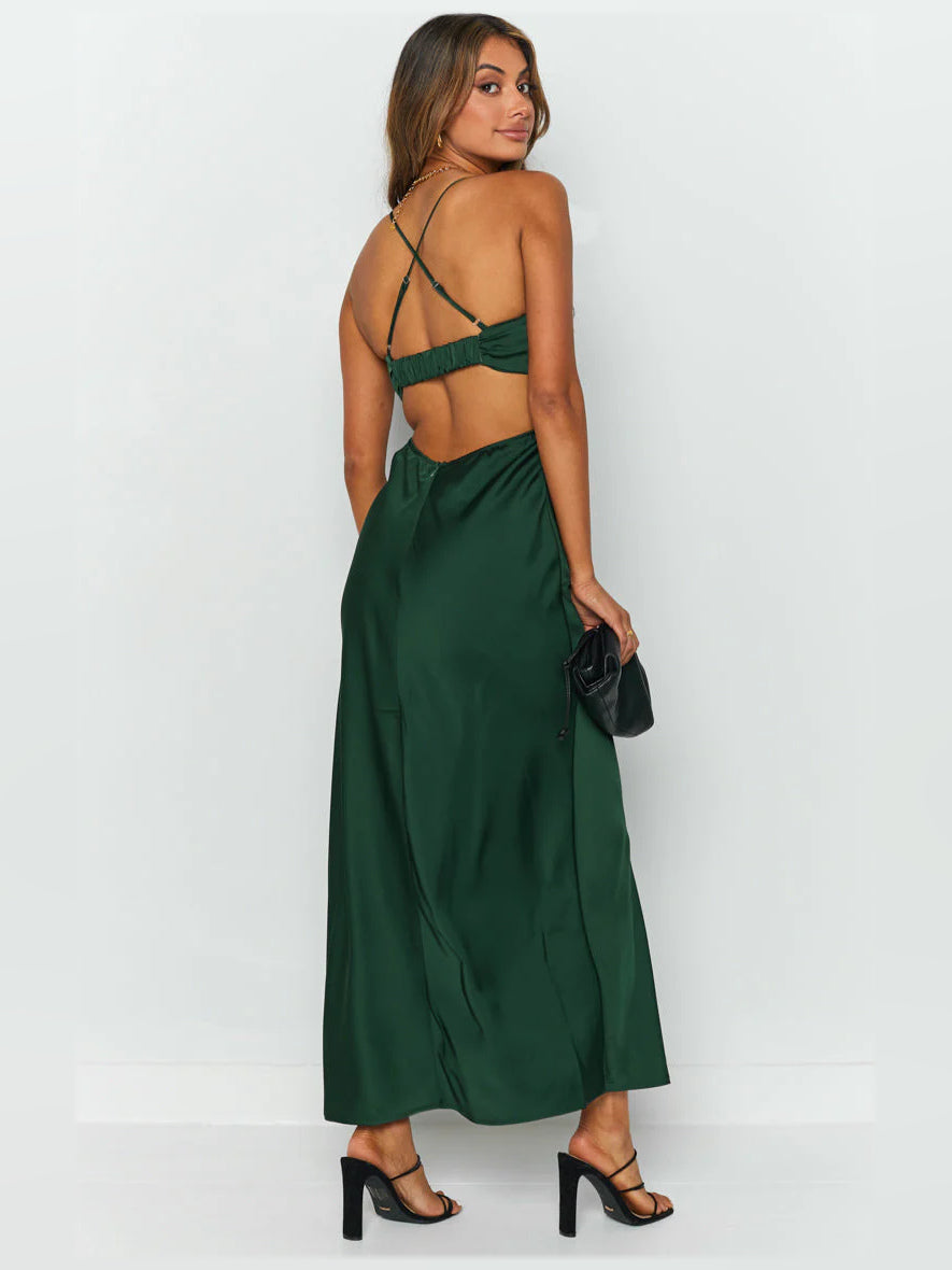 Green sheath maxi formal dress with open back, full-length back view