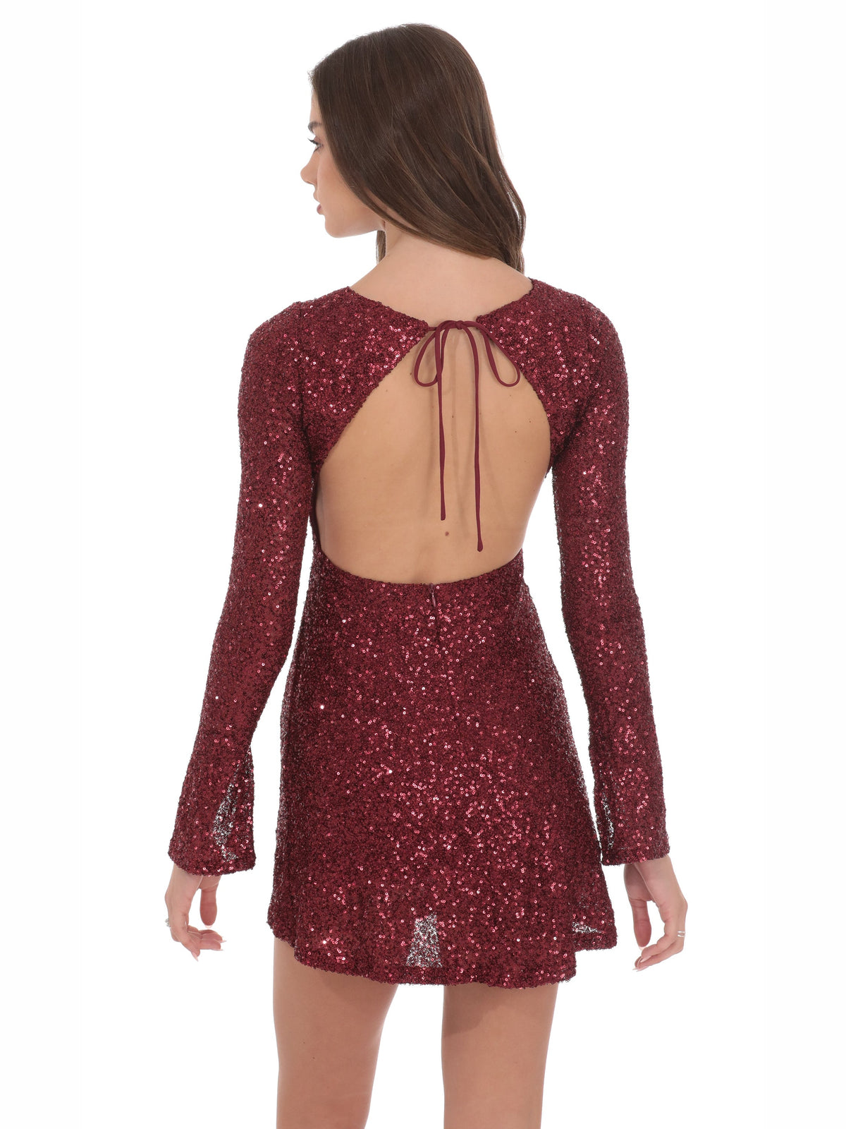 Maroon homecoming dress with long sleeves