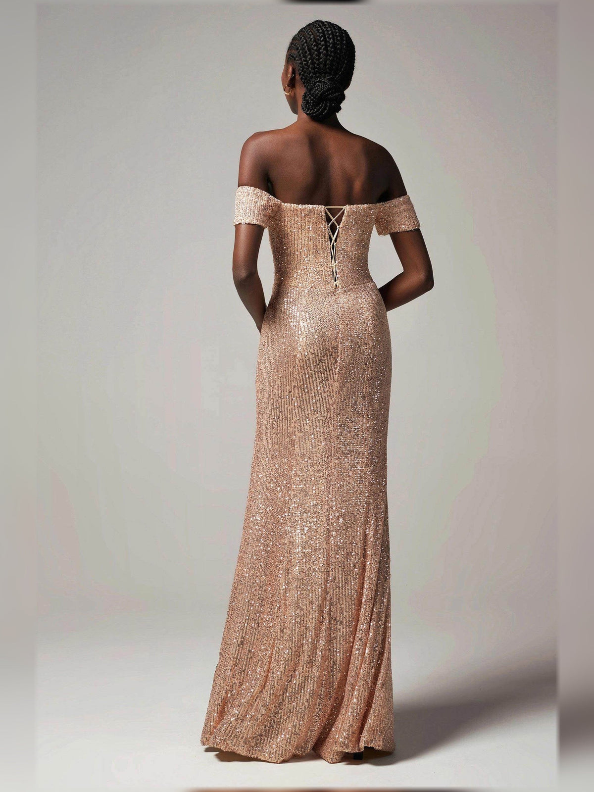 Rose gold off-the-shoulder corset backless formal gown with sparkle sequins and slit