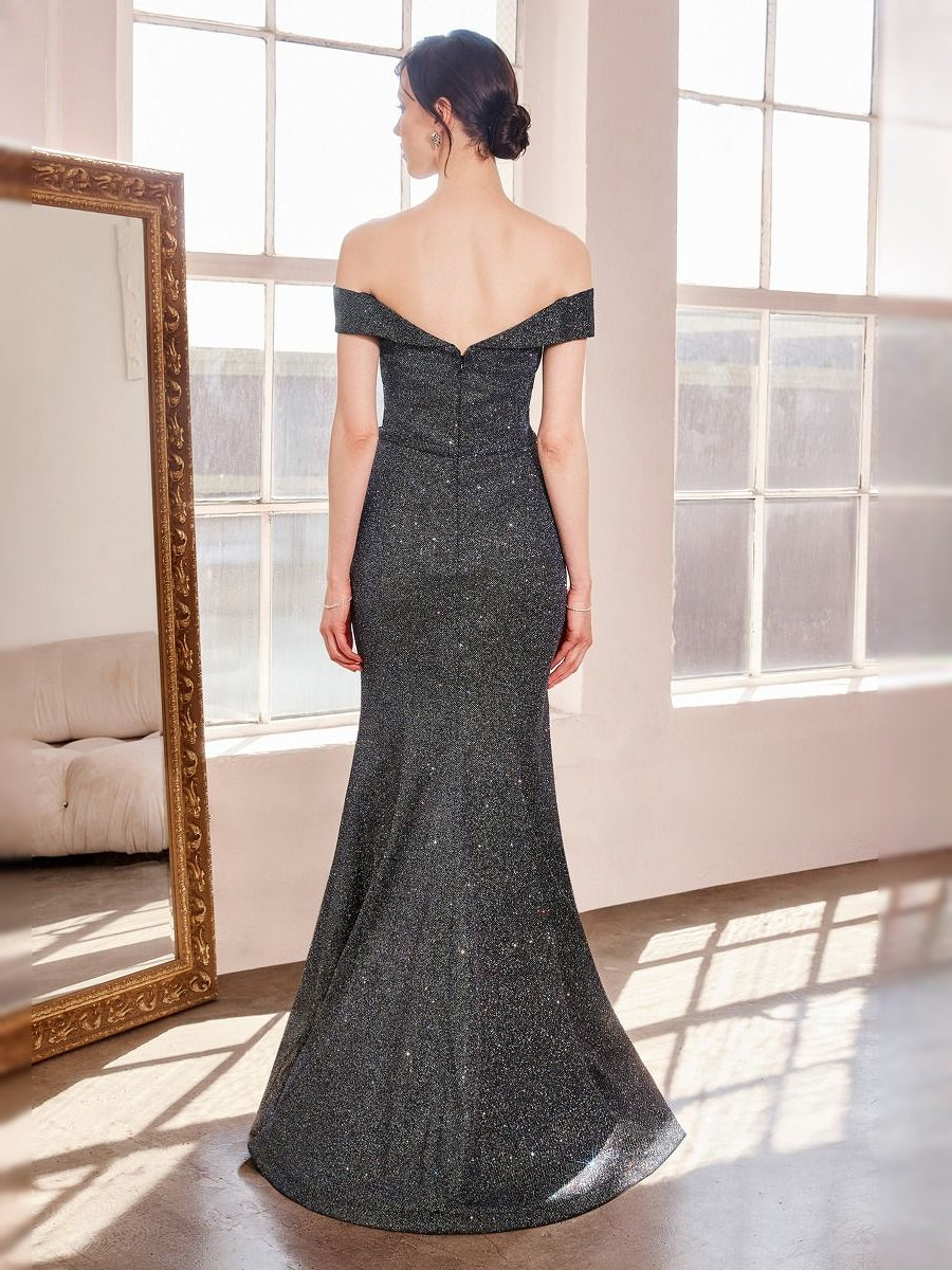 Dark glitter off-shoulder mermaid prom dress, floor-length, back view