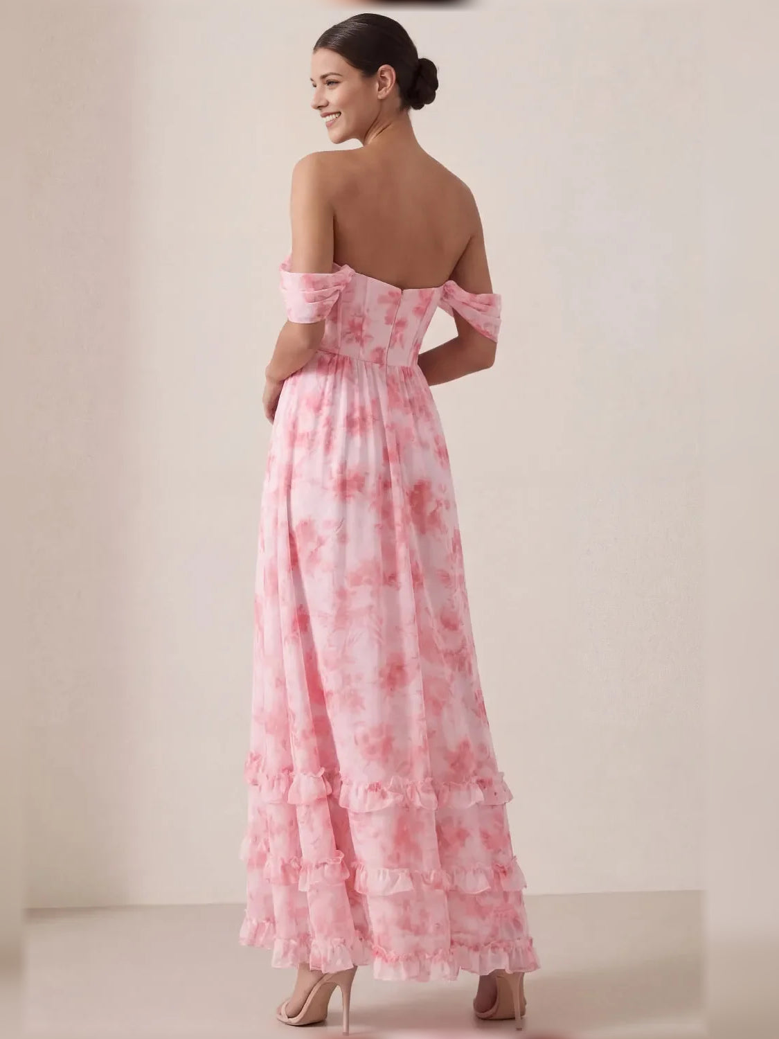 Pink floral off-shoulder corset maxi dress, bare back view, ruffled tiered hem