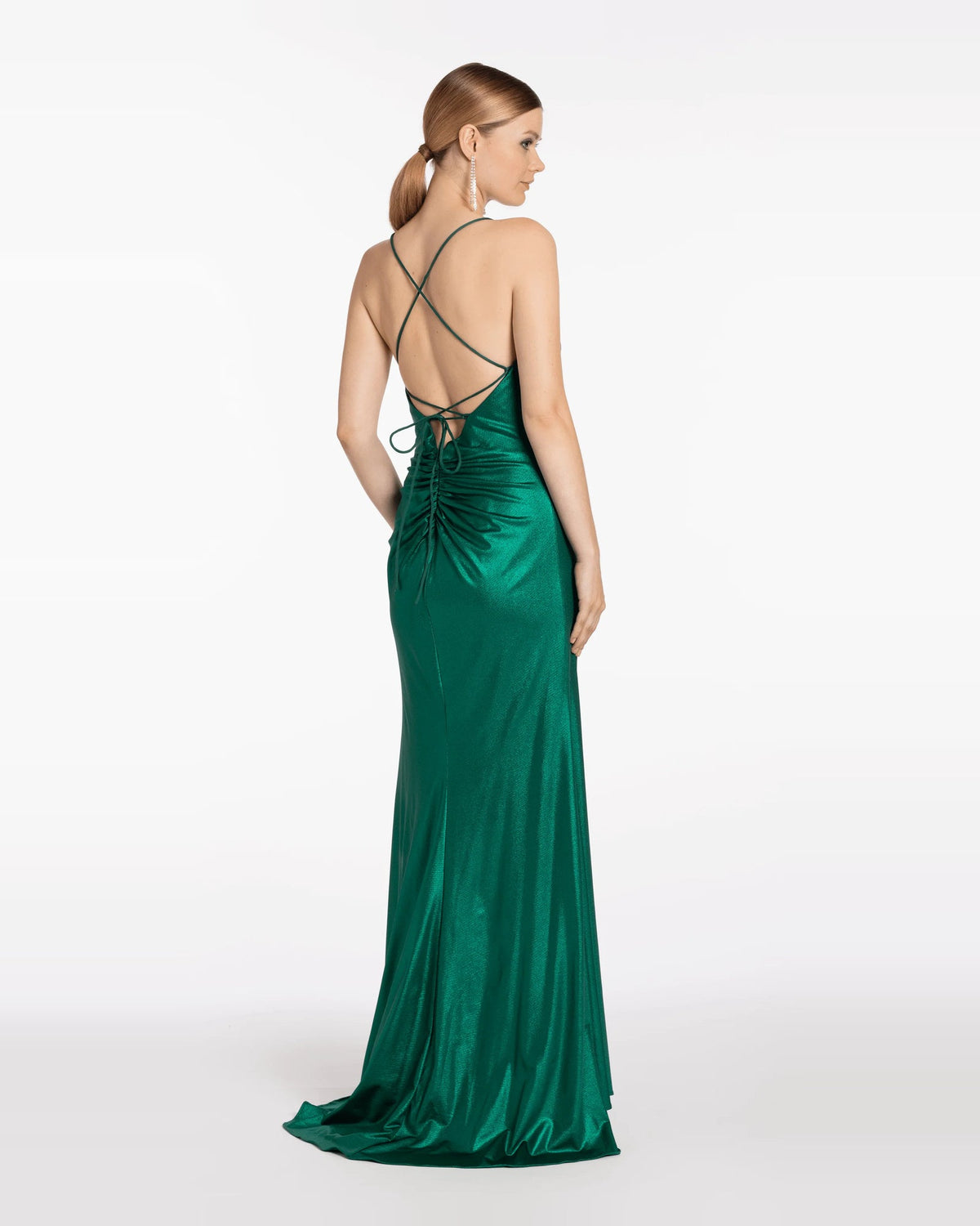 Back view emerald ruched sweetheart column maxi dress with crisscross straps and slit