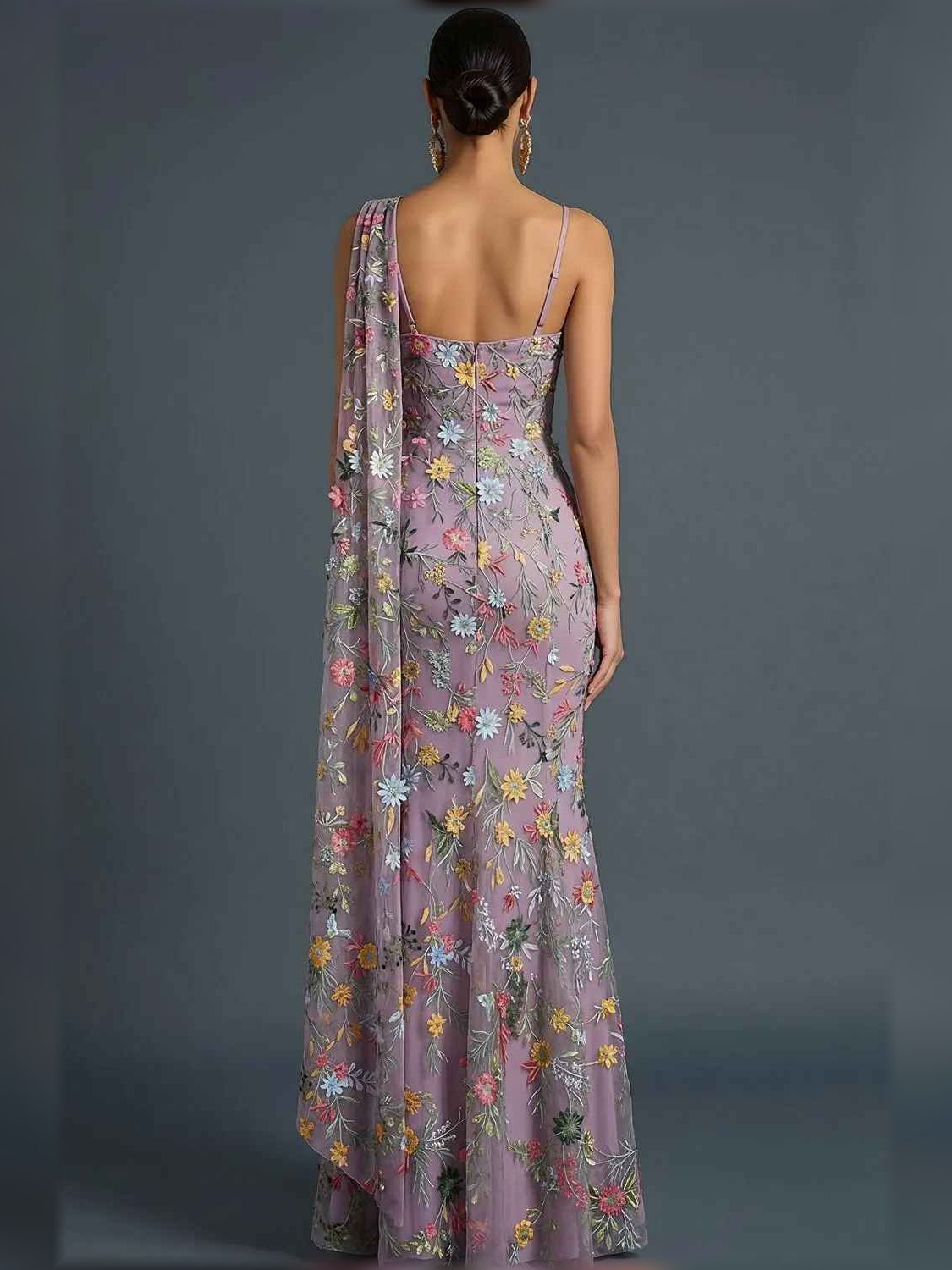 Floral print one-shoulder formal dress with open back, mauve floral design from back view