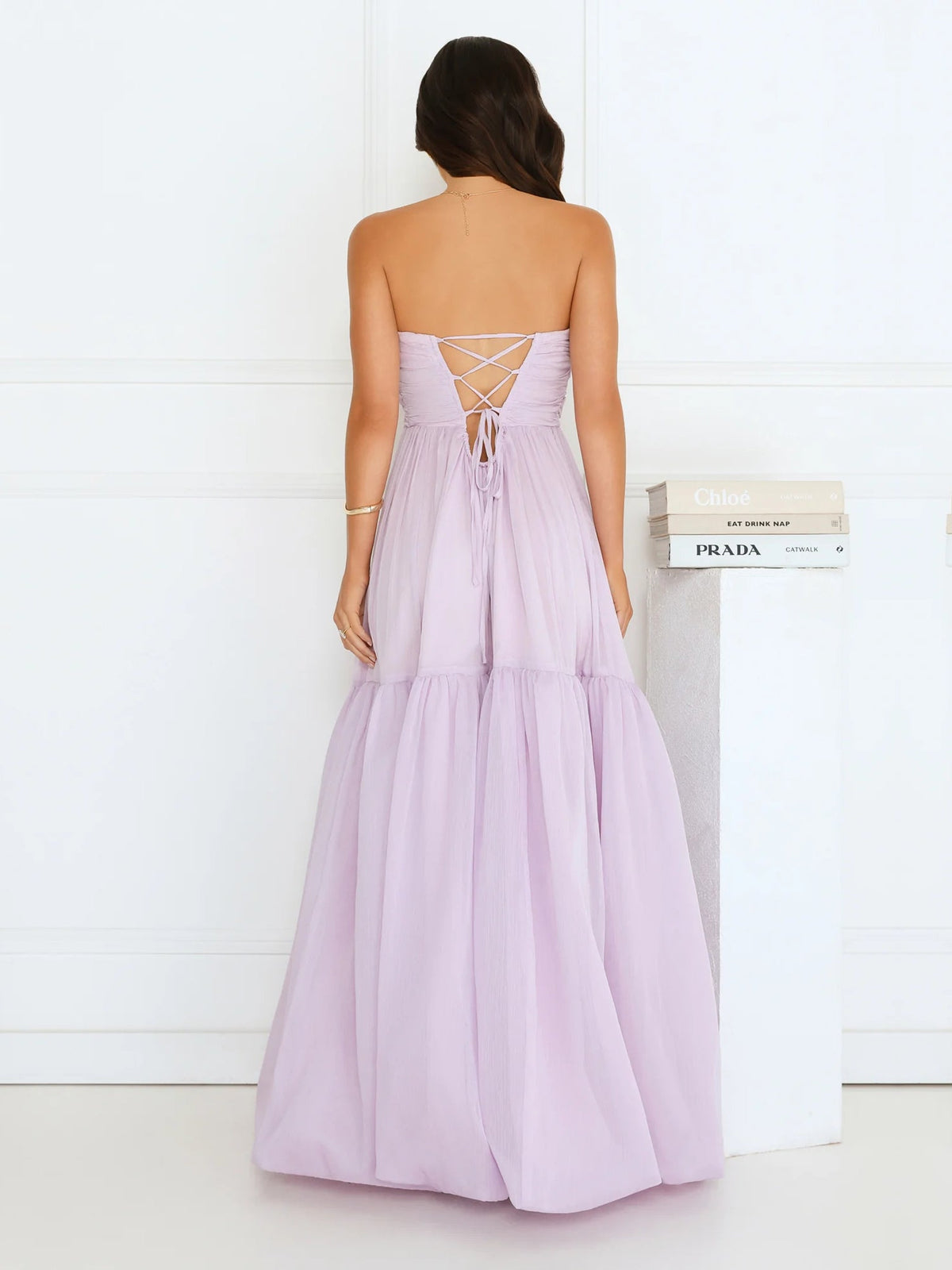 Lilac a-line maxi formal dress with tiered skirt, full-length back view