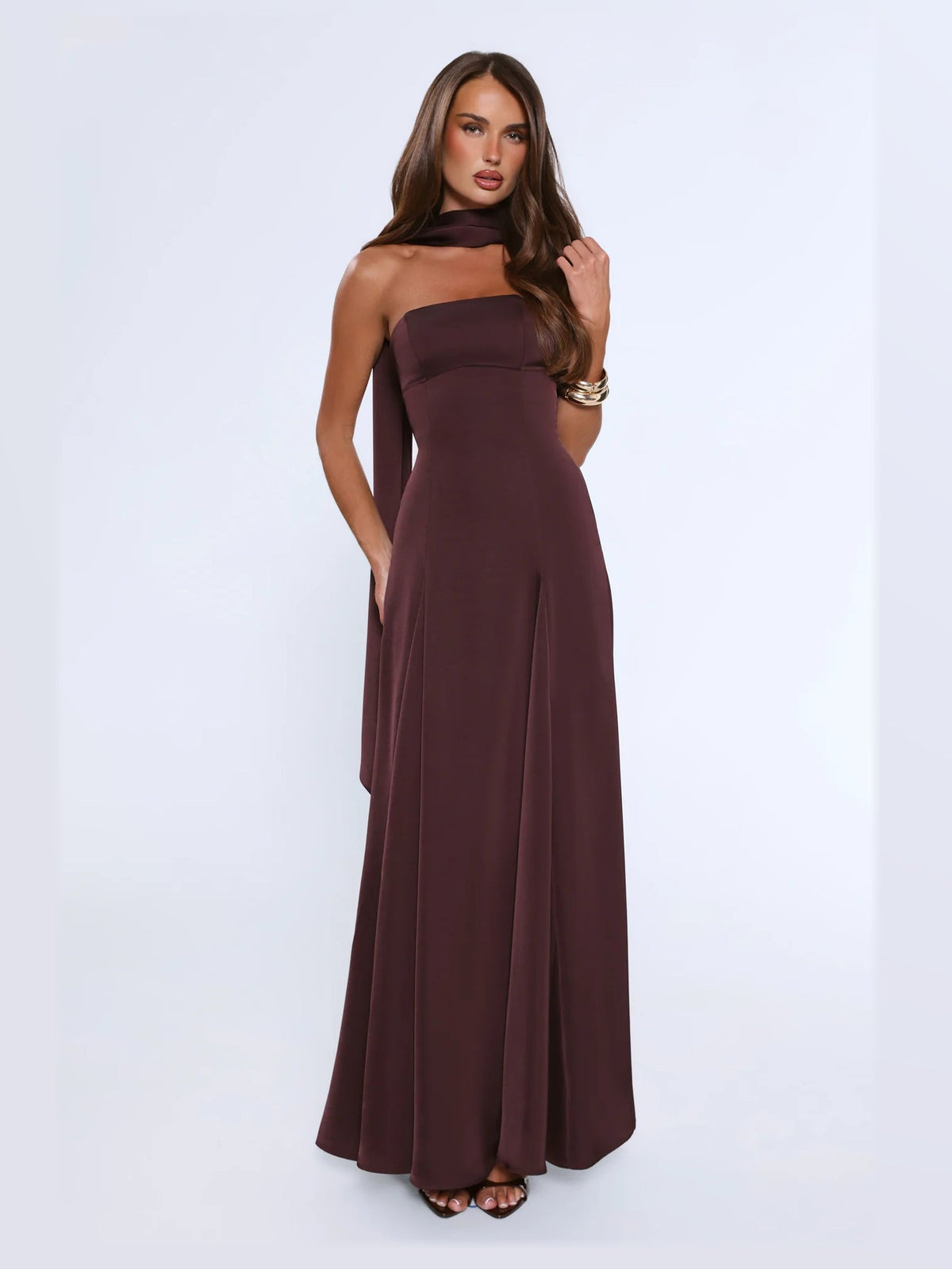 Chocolate formal dress with strapless neckline