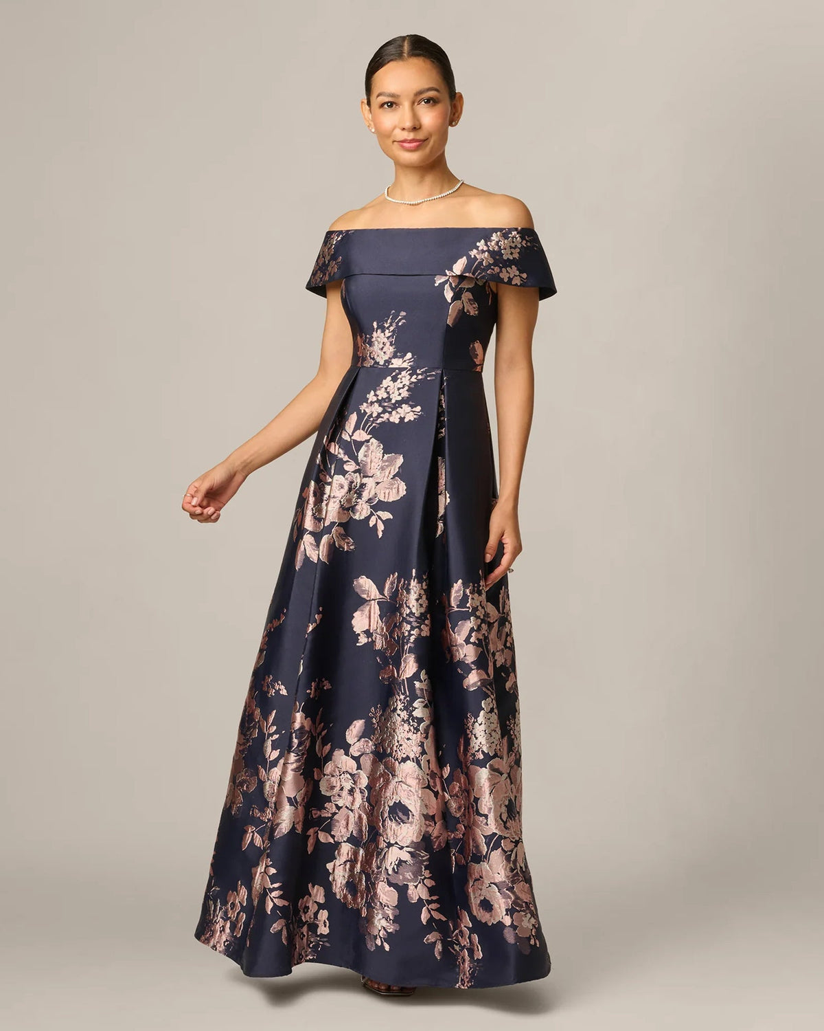 Navy off-shoulder A-line maxi dress, blush floral print front view