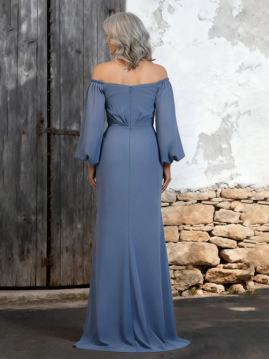 Dusty blue off-shoulder back maxi chiffon sheath dress with draped waist pleats
