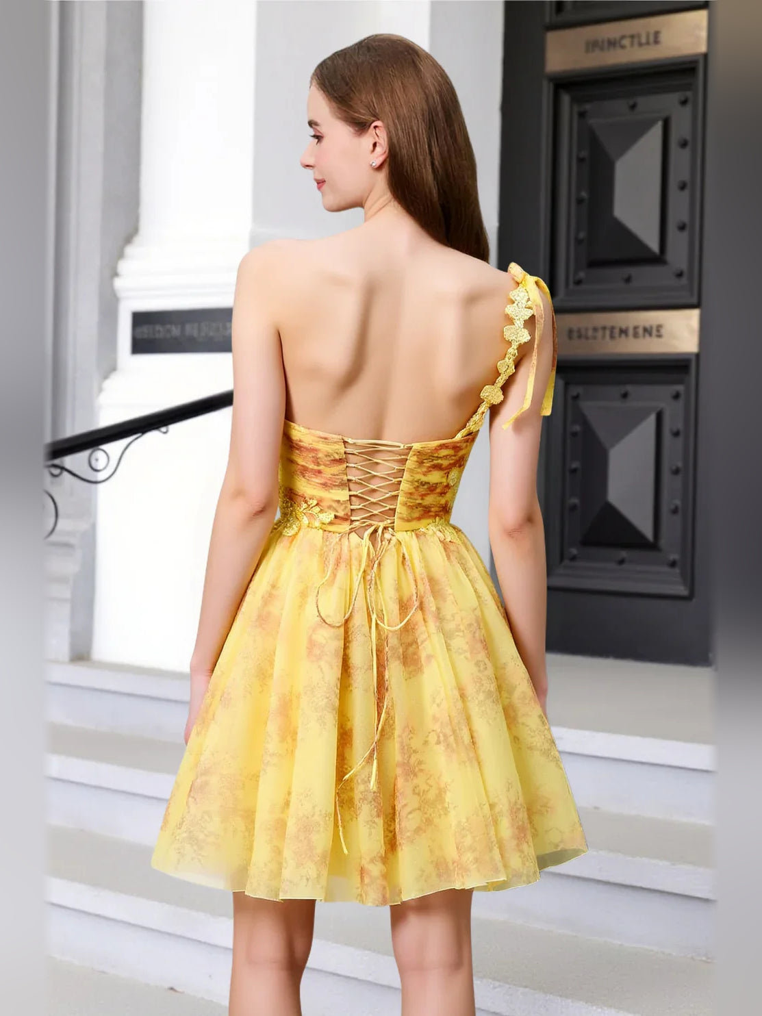 Yellow one-shoulder A-line mini tulle dress with corset back and open back