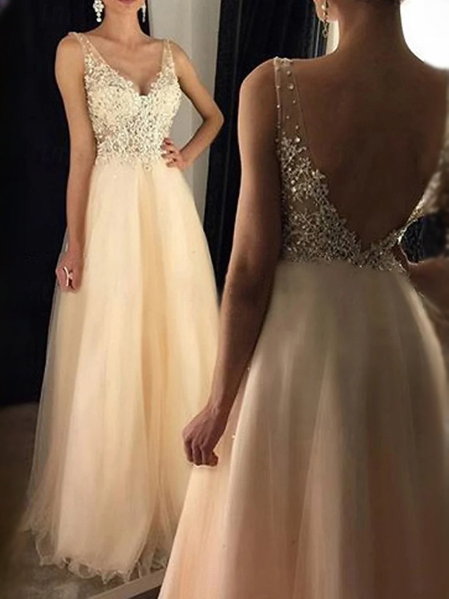 Gold beaded V-neck prom dress, front and back view with tulle A-line skirt