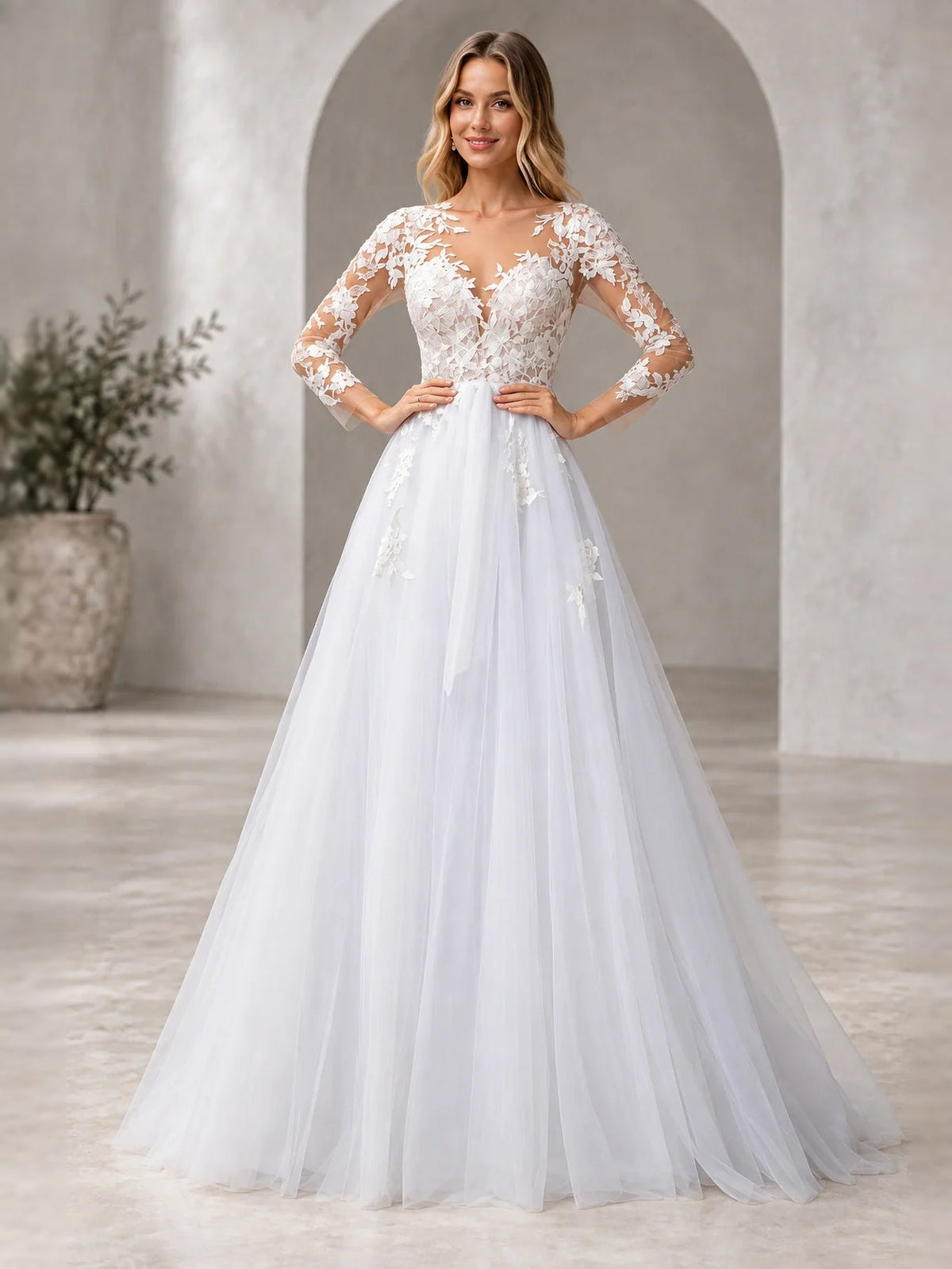 White V-neck A-line wedding dress with floral applique lace bodice and long sheer sleeves