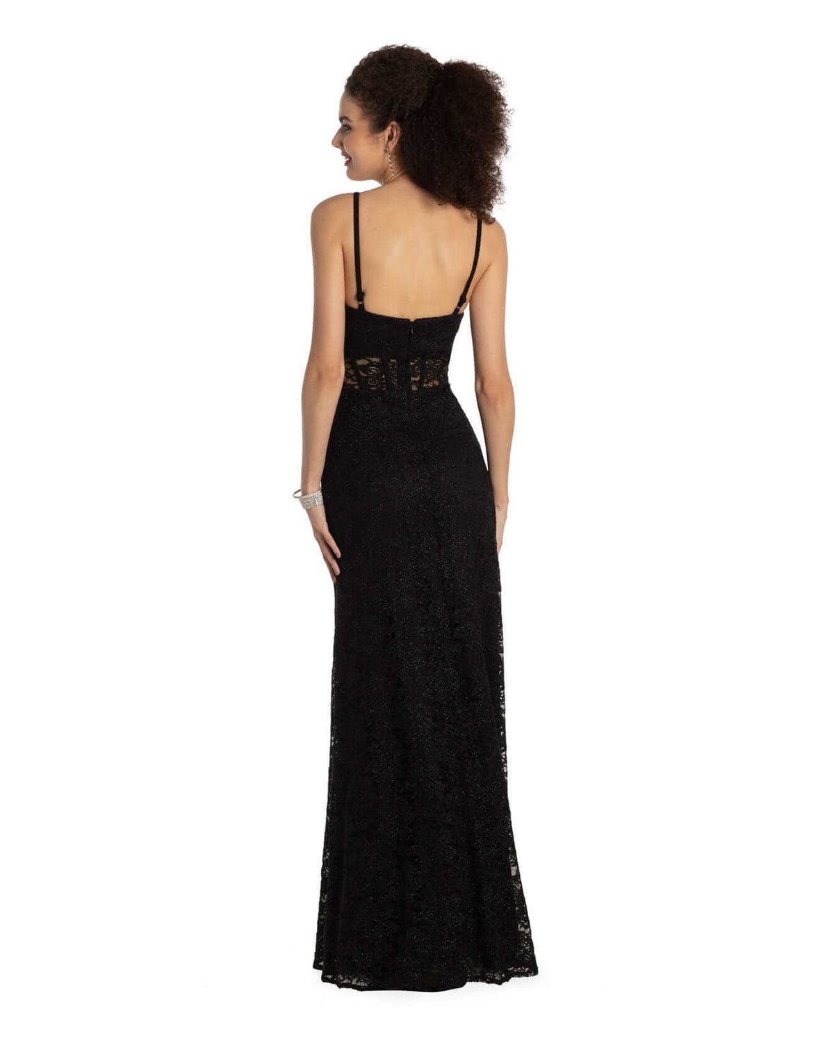 Black backless corset maxi dress with spaghetti straps, column silhouette