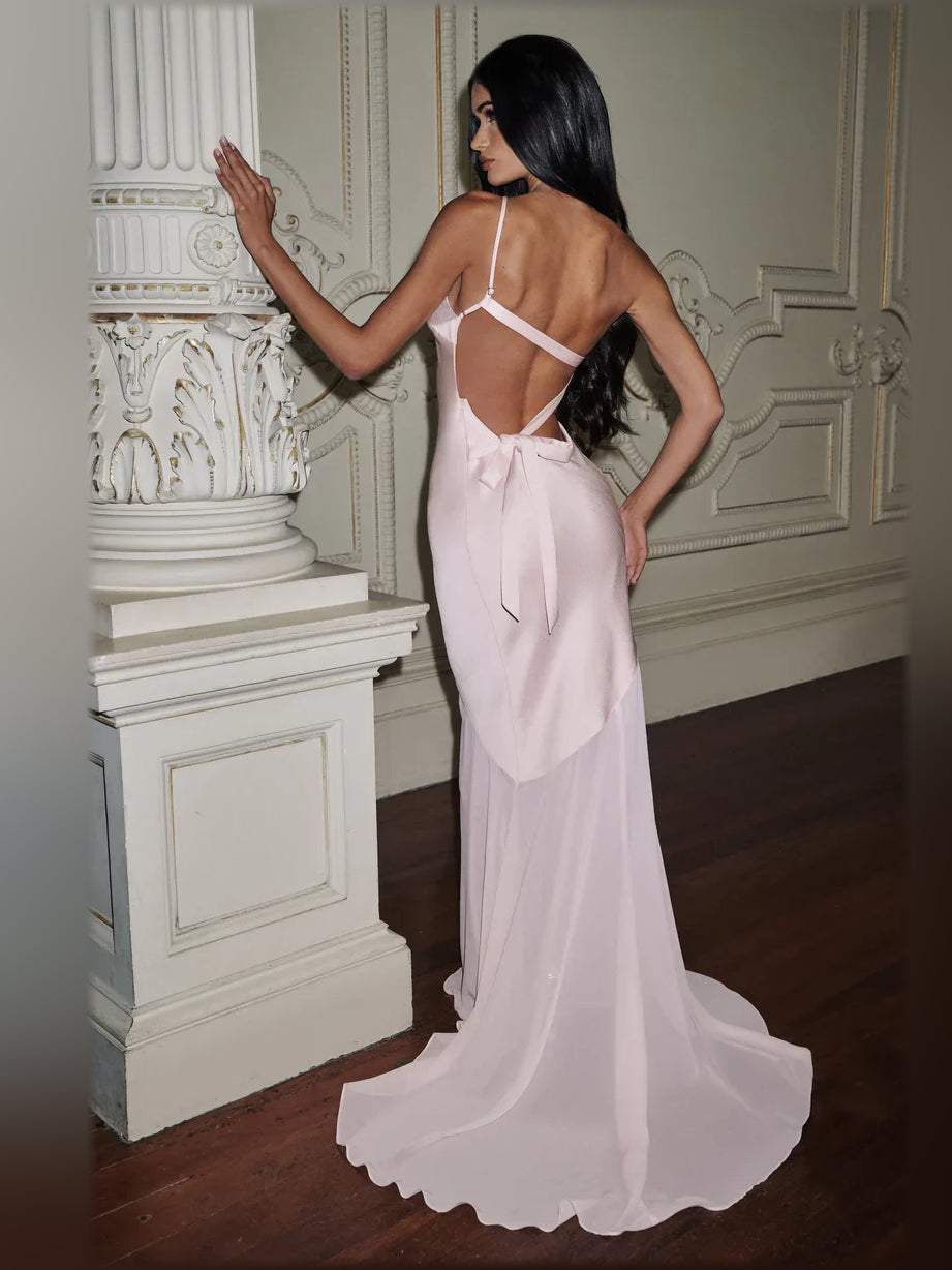 One-shoulder mermaid formal dress in blush pink, open back with crisscross straps