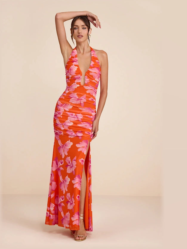 Orange Pink Floral formal dress with a-line silhouette