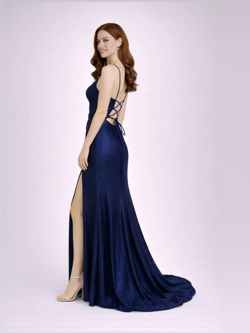 Navy blue V-neck mermaid formal dress with side slit, thin lace-up straps