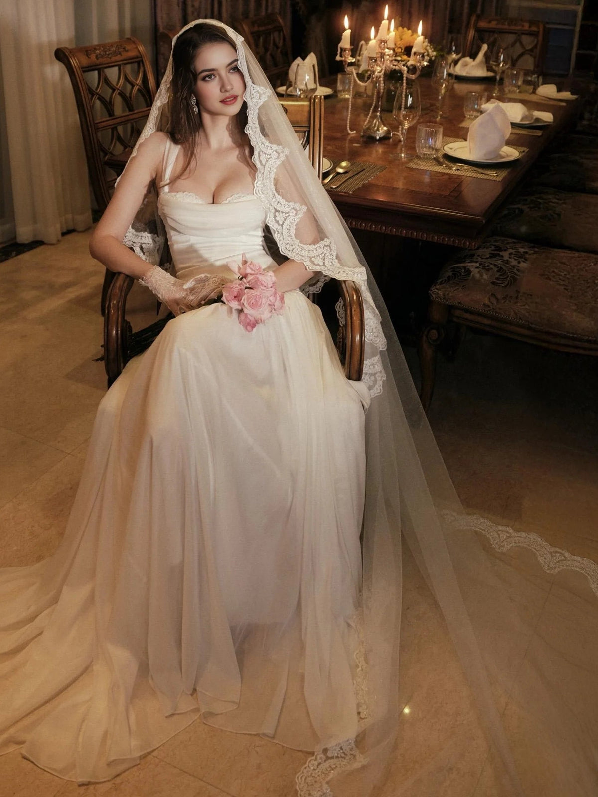 Ivory A-line wedding dress with square neckline, lace sleeves, sheer veil, holding bouquet