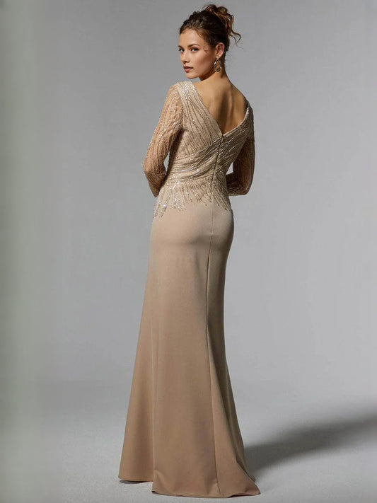 Champagne long-sleeve beaded formal dress with V-neck front and open back