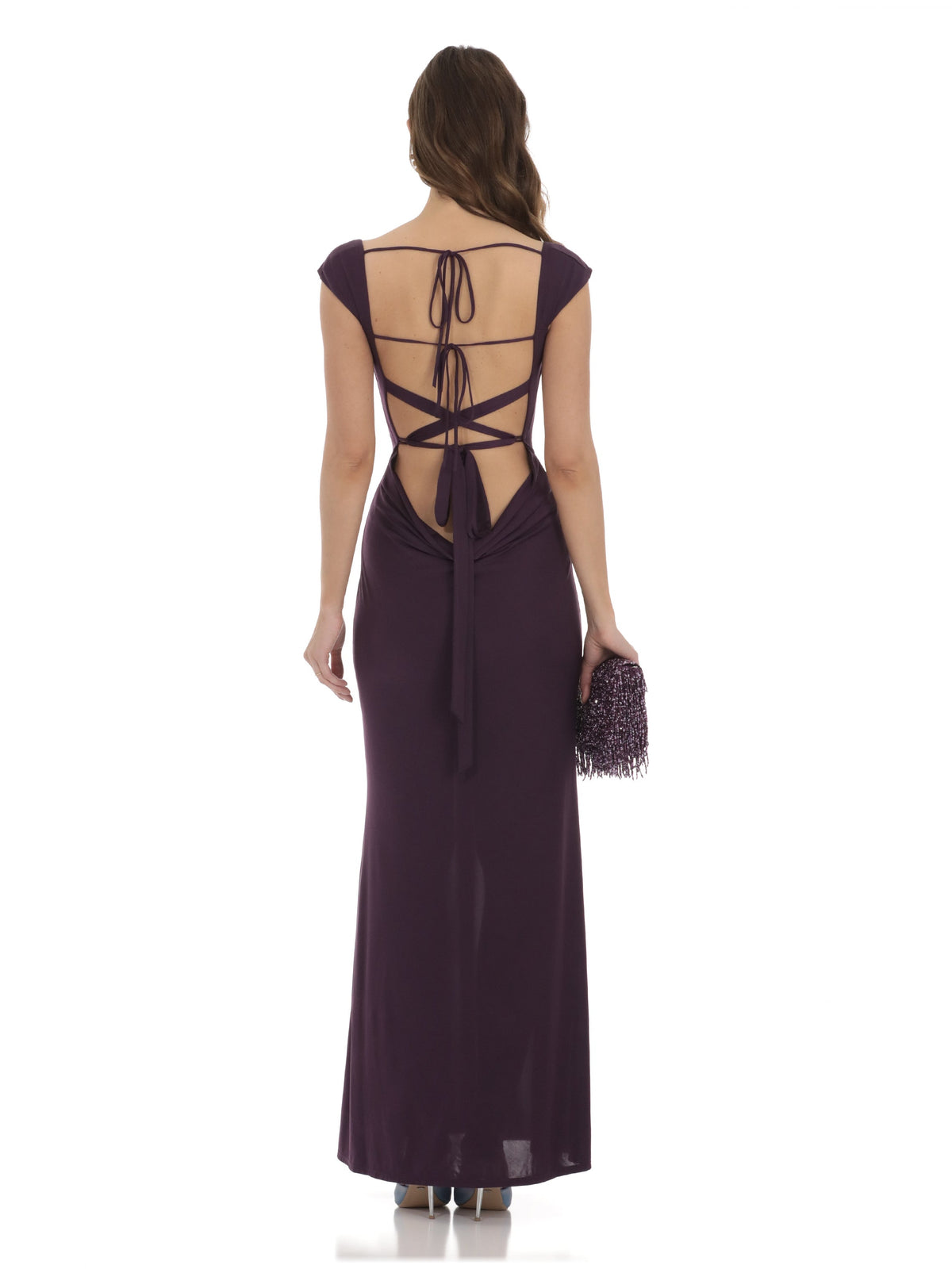 Purple bridesmaid dress with cowl neck neckline