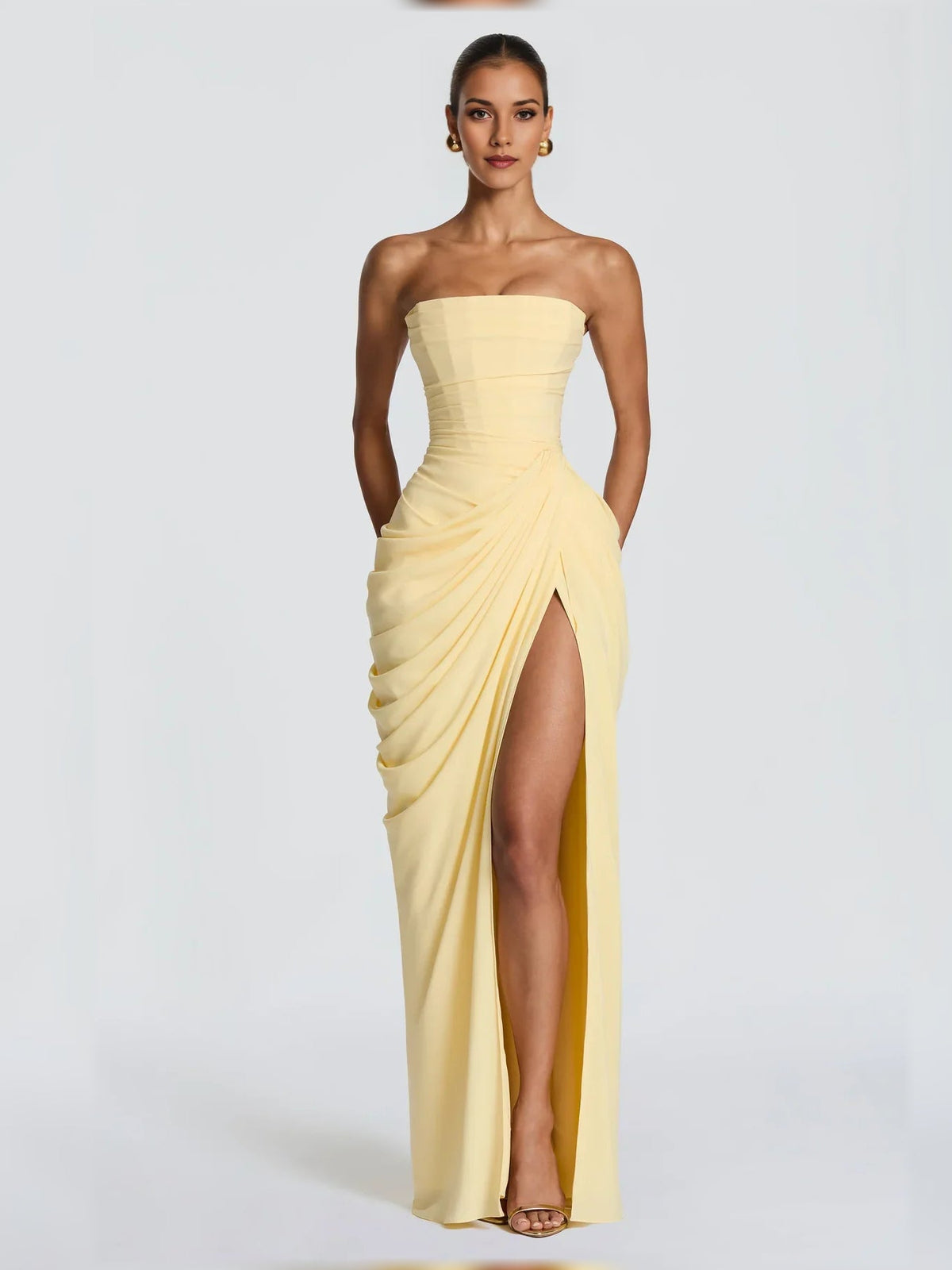 Off-shoulder corset ruched floor-length formal dress, pale yellow with front slit