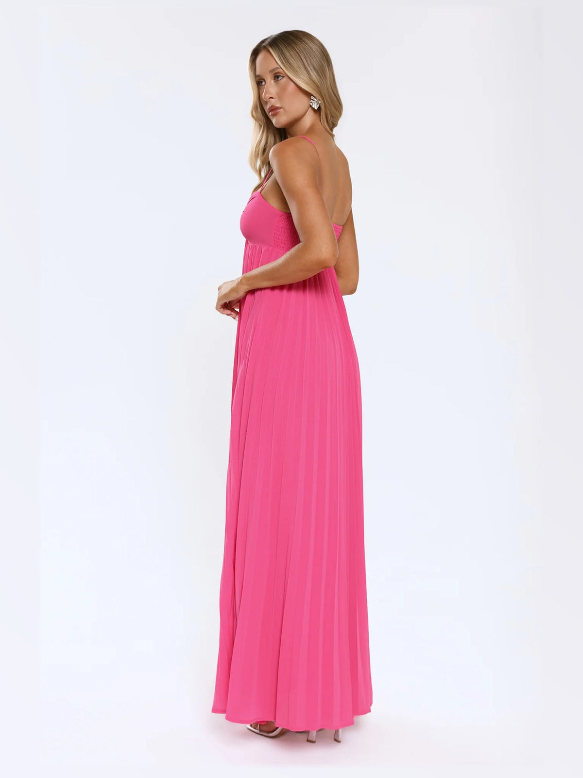 Pink maxi formal dress, back full-length view showing the bodice