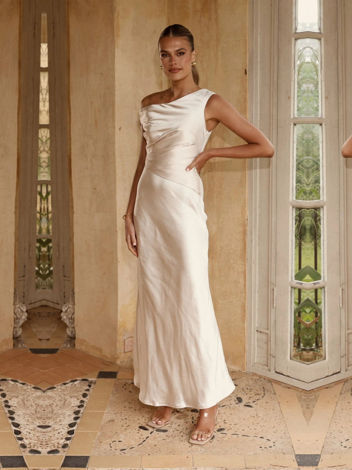 Champagne sheath maxi formal dress with ruching, alternate view