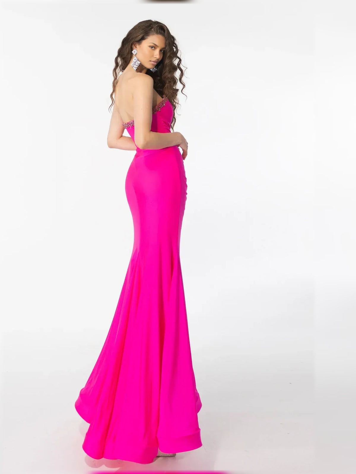 Fuchsia sweetheart formal dress with ruching and thigh-high slit, sleeveless