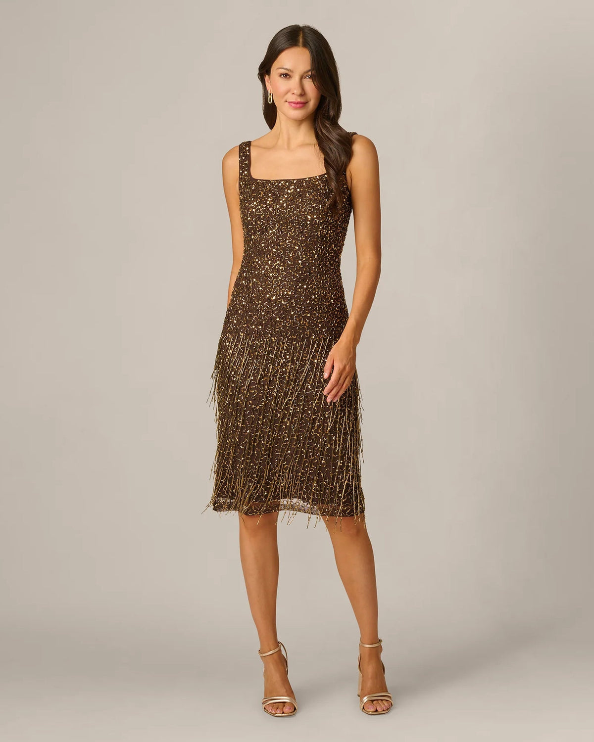 Chocolate sleeveless square-neck A-line midi dress with gold beaded fringe and tassel hem
