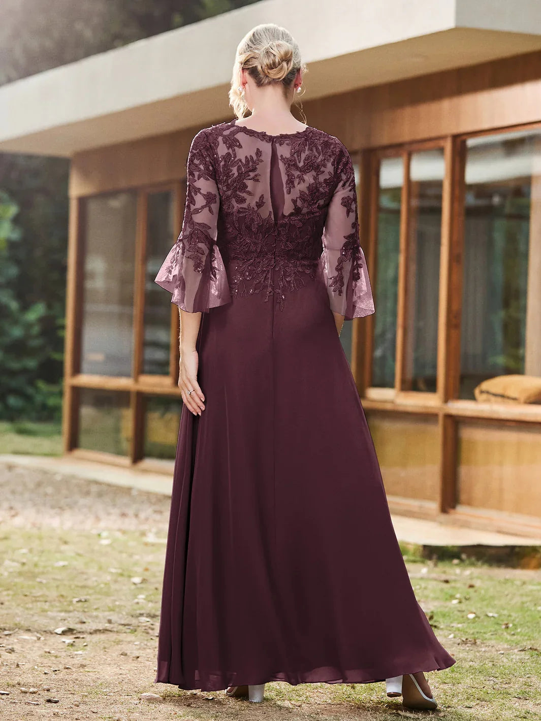 Floral illusion neck A-line chiffon dress, cabernet, back view, ruffle bell sleeves
