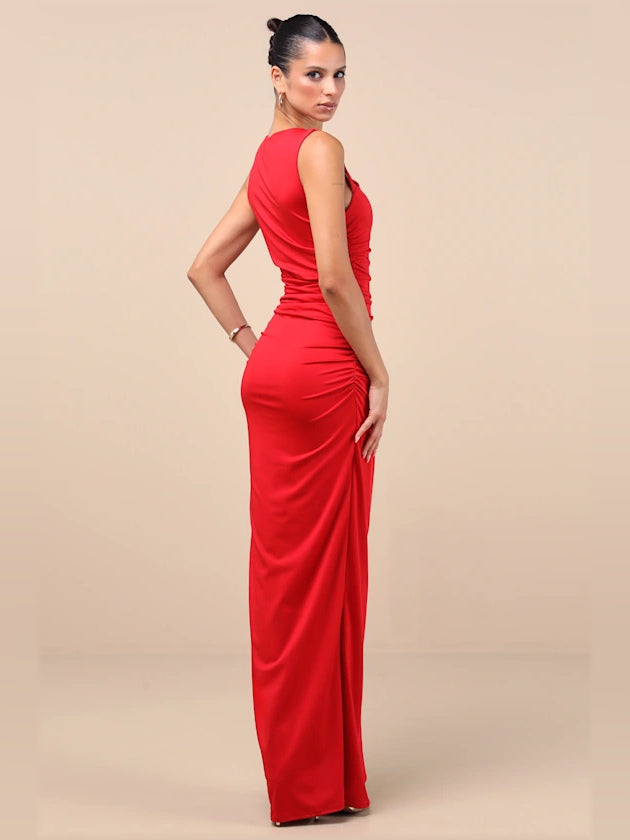 Red sheath maxi formal dress with ruching, full-length back view