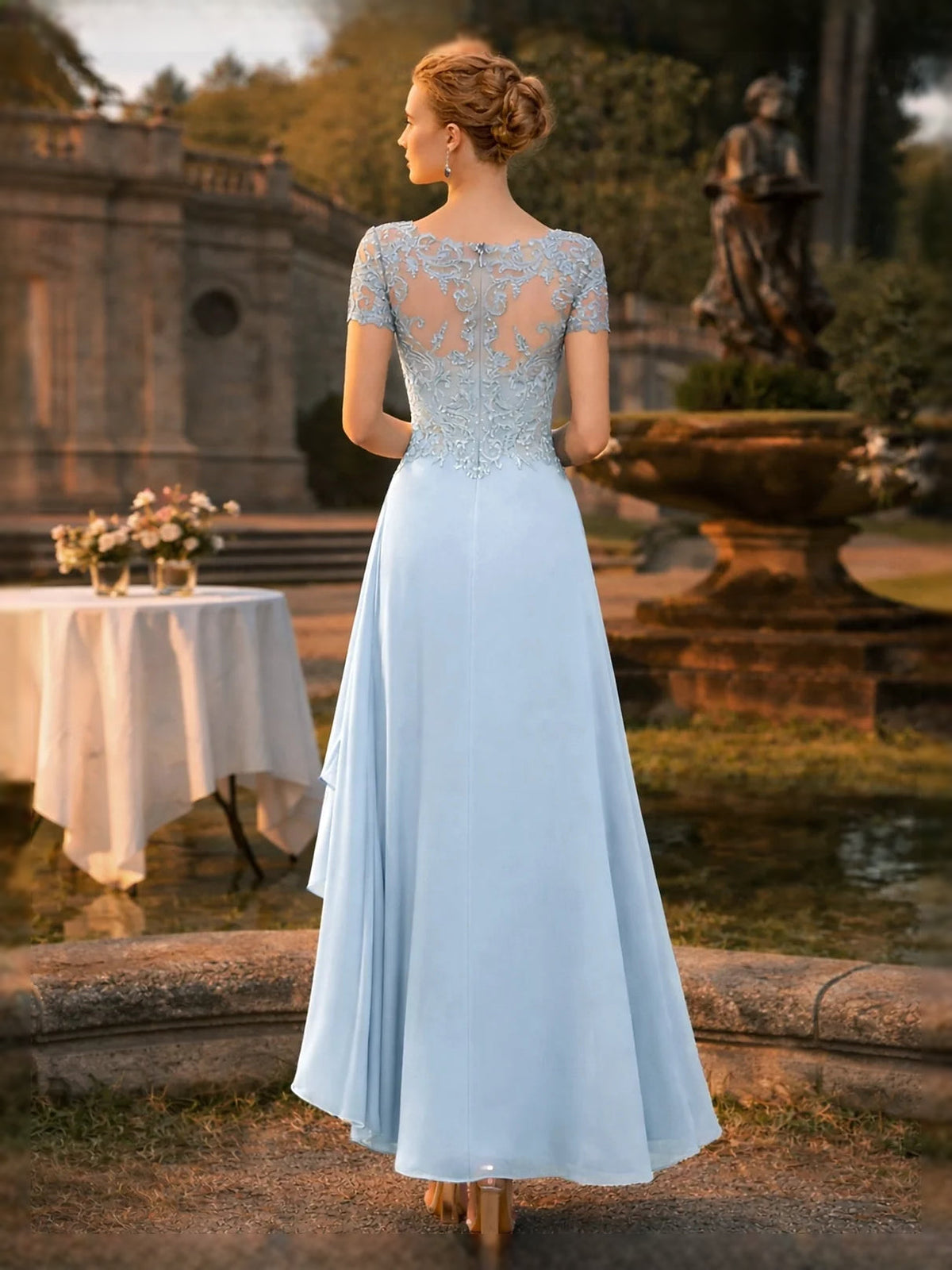 Light blue V-neck A-line dress with embroidered lace sleeves and beaded floral bodice