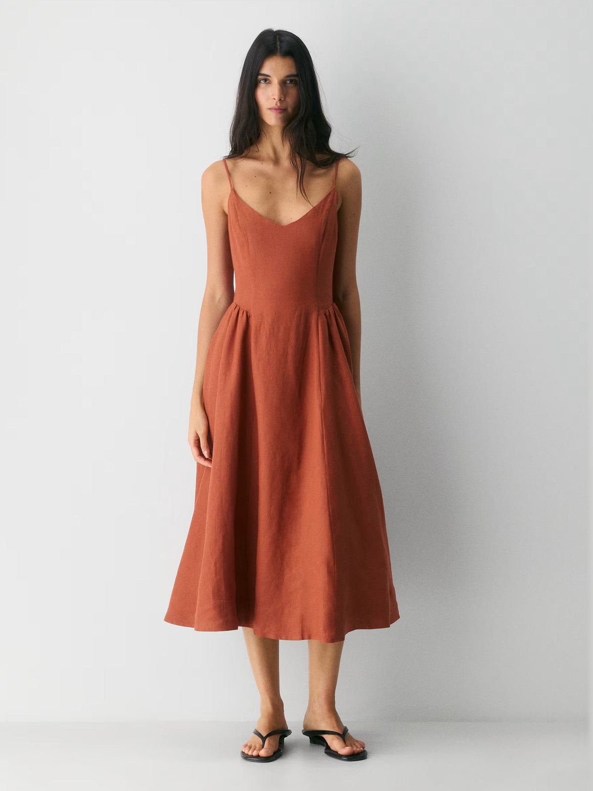 Terracotta formal dress with v neck neckline