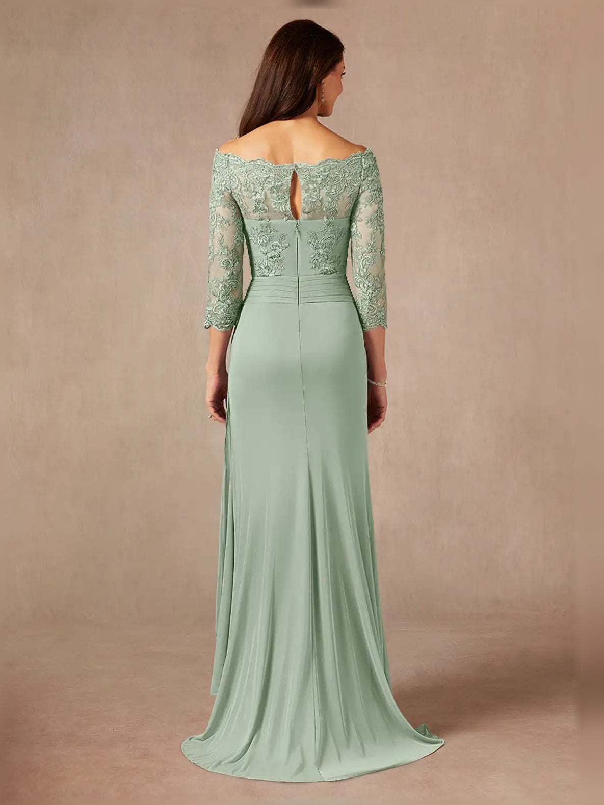 Dusty sage off-shoulder ruched maxi dress shown from back with lace 3/4 sleeves