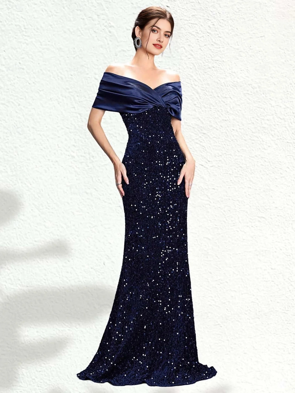 Dark navy off-shoulder mermaid sequin prom dress, draped satin neckline