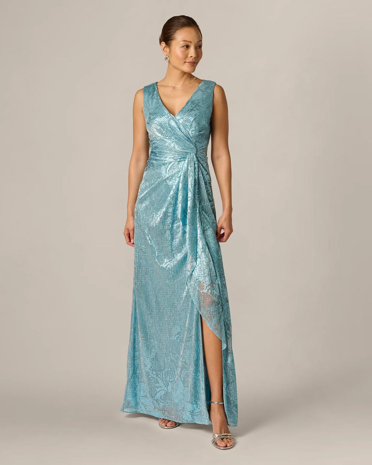 Teal floral print draped A-line maxi dress with V-neck and side slit