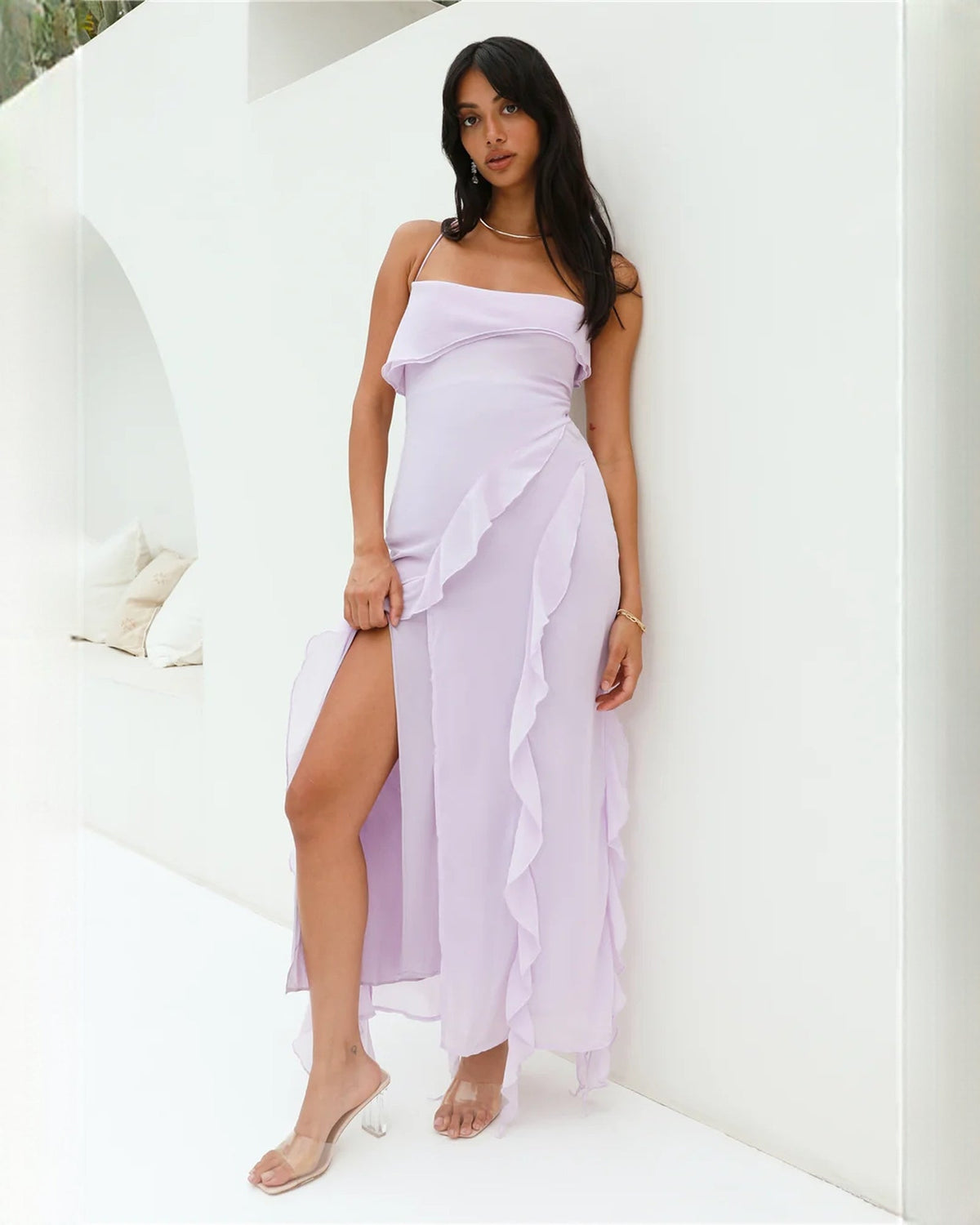 Lilac chiffon maxi dress with ruffled overlay, sleeveless bodice, side slit