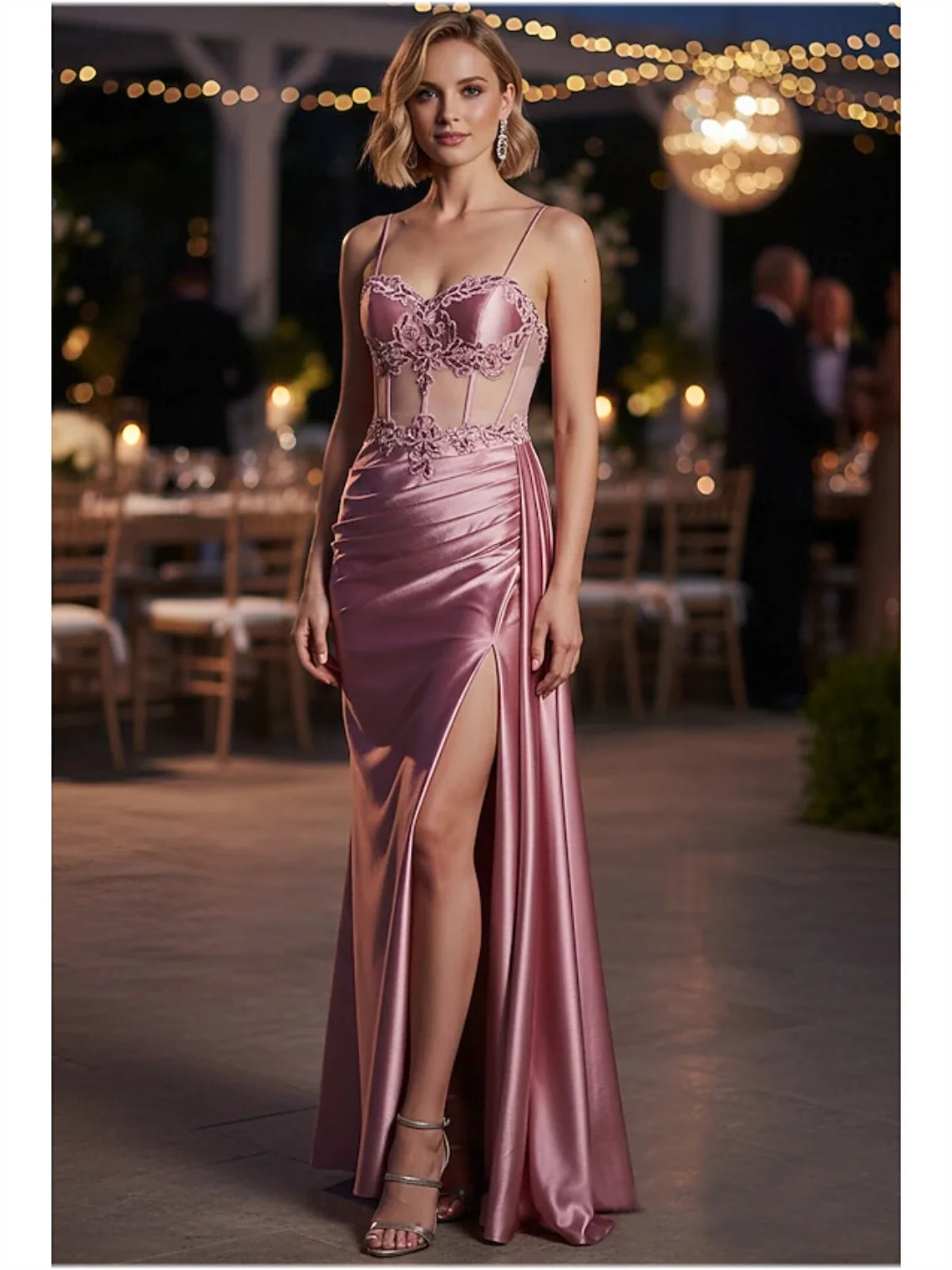 Rose gold satin sweetheart prom dress with lace corset bodice and front thigh slit