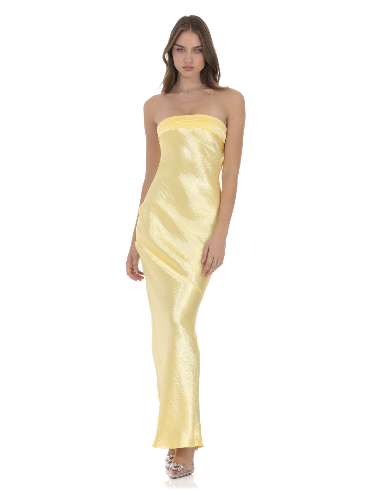 Yellow bridesmaid dress with strapless neckline