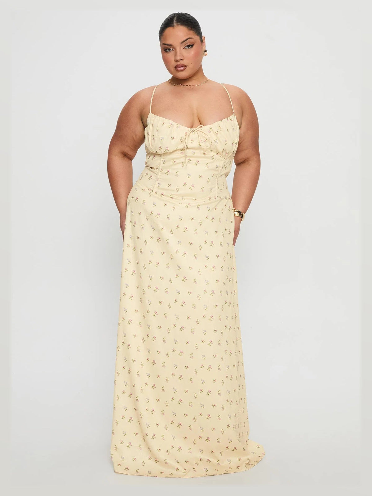 Yellow Floral formal dress with a-line silhouette
