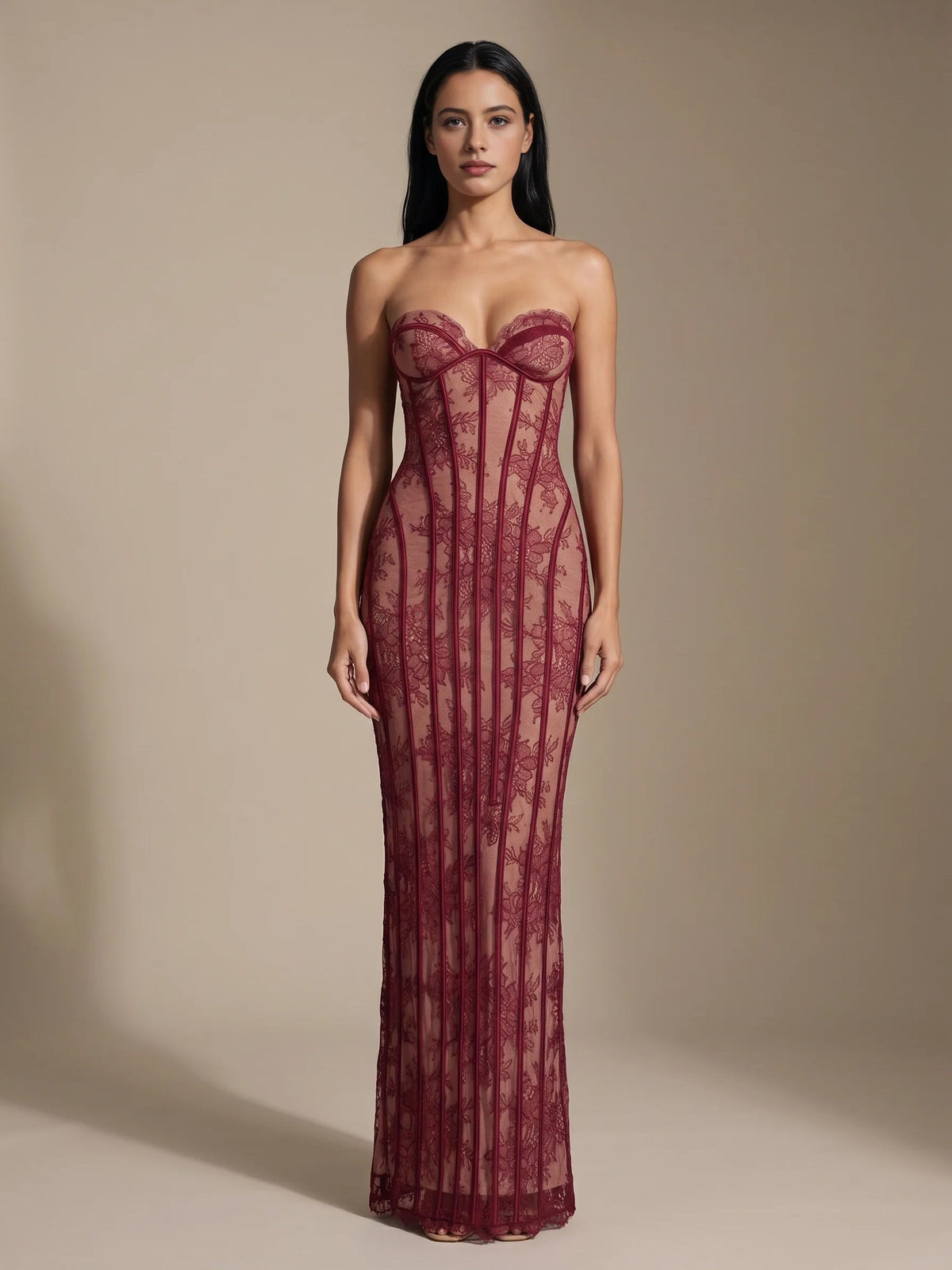 Burgundy strapless corset mermaid prom dress with floral lace texture and floor length