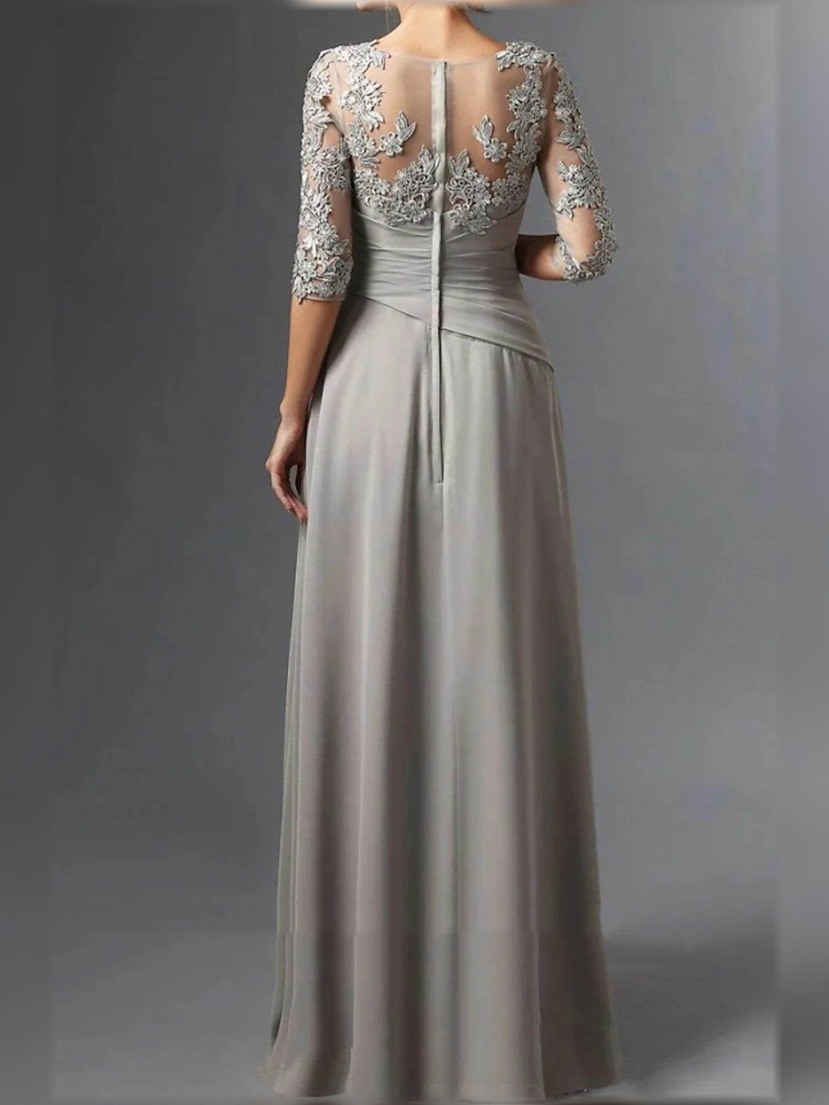 Light gray chiffon mother of the bride dress with lace sleeves and ruched draped waist