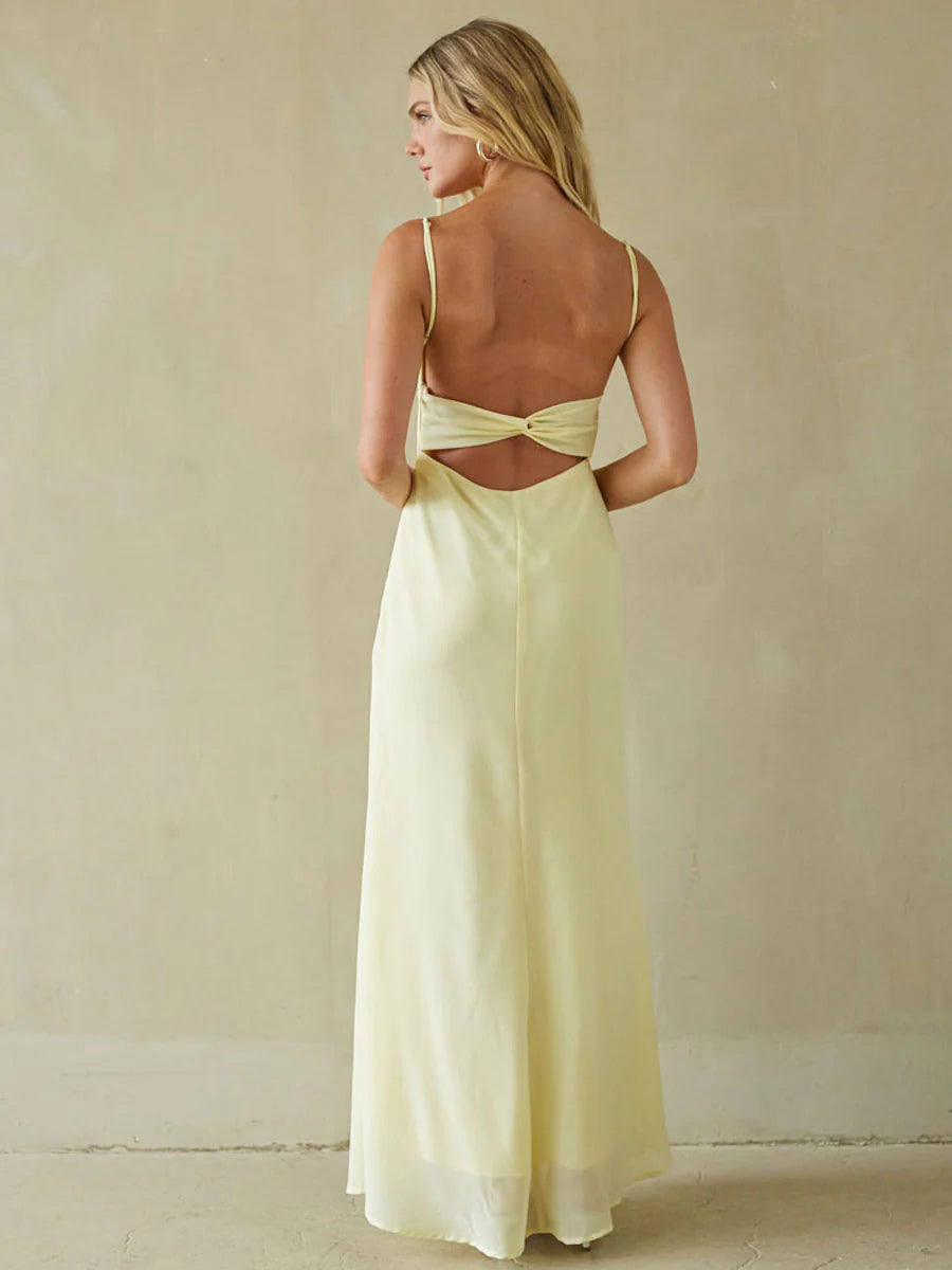 Yellow sheath maxi formal dress with sheath, full-length back view