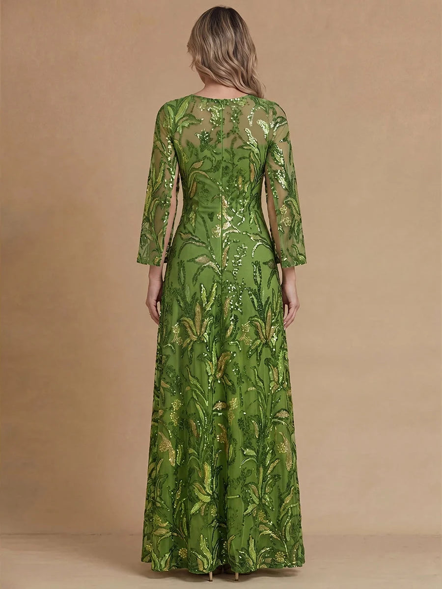 Green embroidered sequin A-line gown, round neck, long sleeves, back view