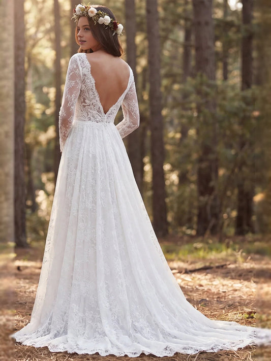Ivory V-neck A-line wedding dress with open back and long lace sleeves