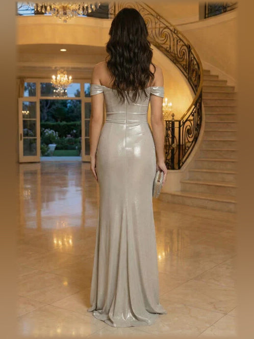 Beige off-the-shoulder ruched satin mermaid gown, floor-length, open back view
