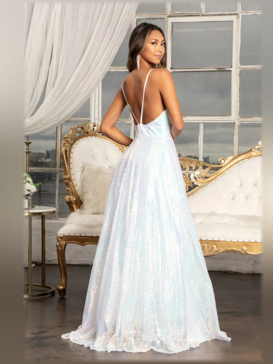 White V-neck backless formal dress with spaghetti straps and floor-length slit