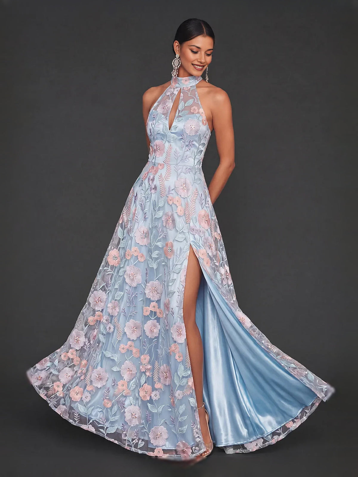 Light blue halter A-line maxi prom dress with pink floral embroidery and front slit