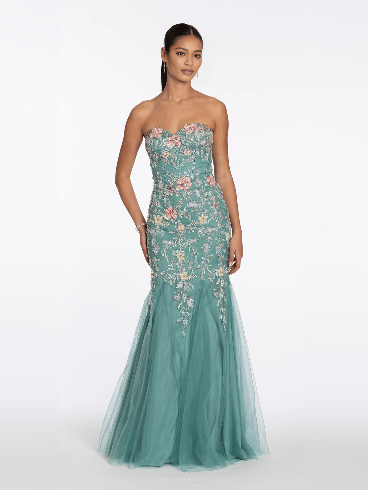 Sage green floral strapless mermaid prom dress with fitted bodice and tulle skirt