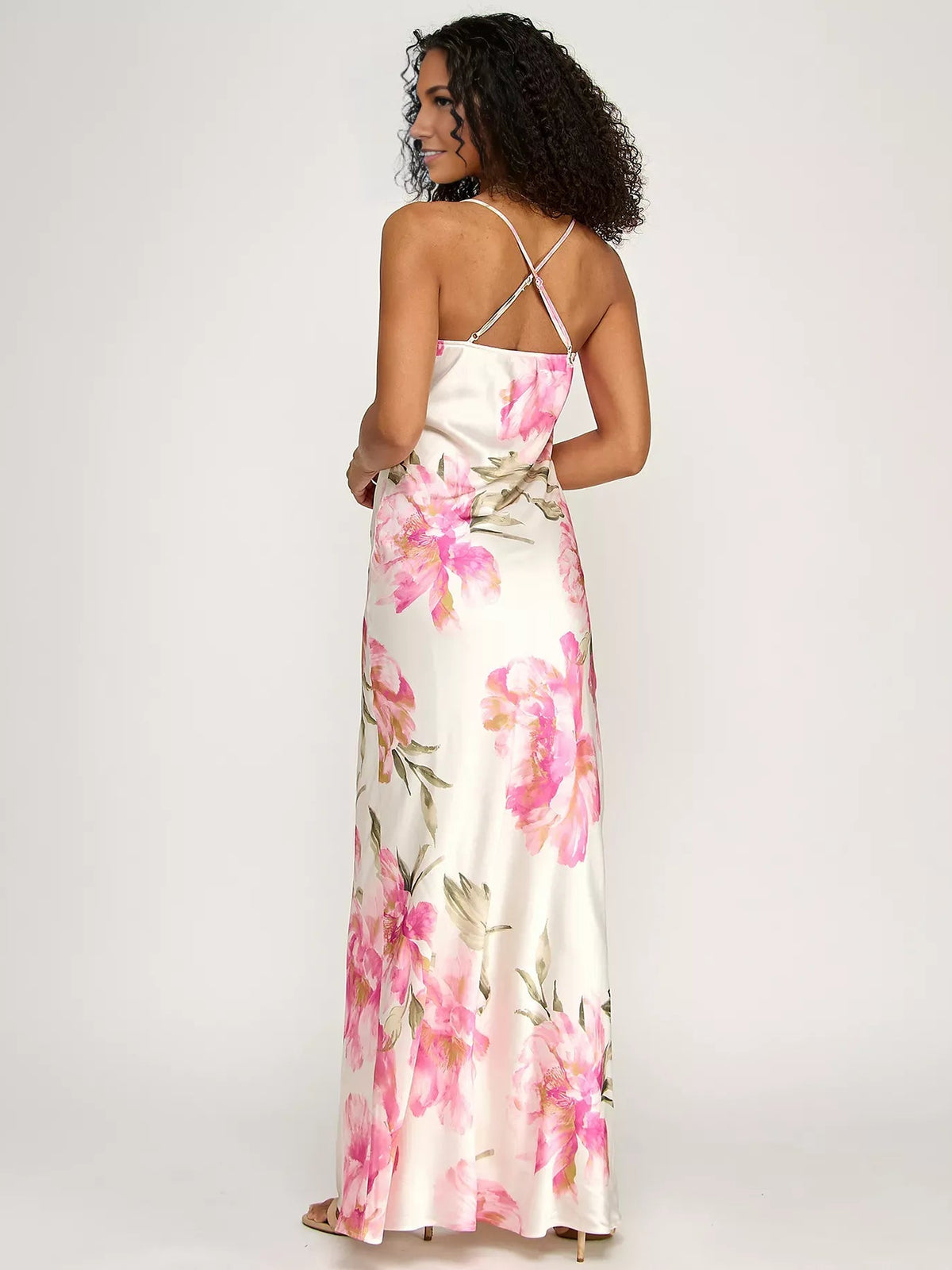 Backless floral floor-length dress with crisscross spaghetti straps, cream and pink print